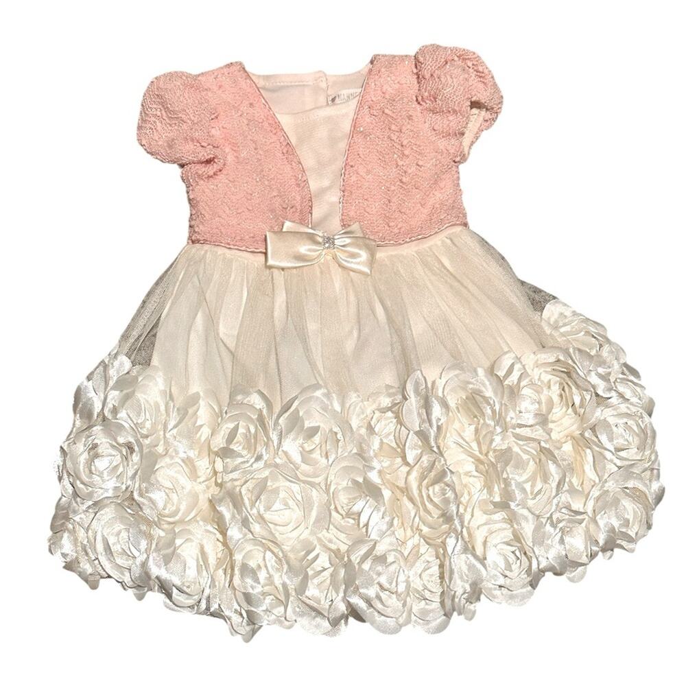 Nannette Baby Rosette Pink and Cream Bubble Dress, size 24M